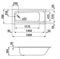 Laufen MODERNA PLUS vana ocelová 1600x700x395 mm, protihluková, bílá   H2251400000401